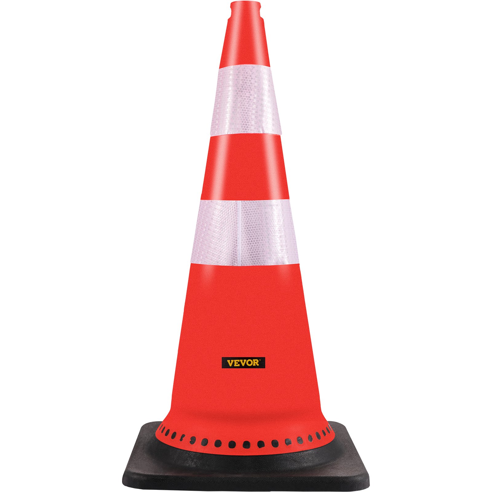 Cono de seguridad VEVOR rojo con bandas reflectantes y base negra.