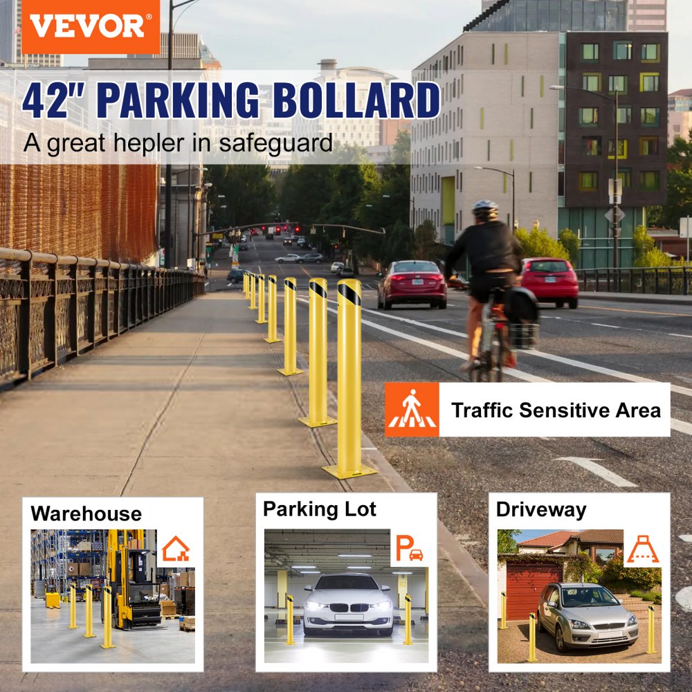 VEVOR Bolardo de seguridad Poste de bolardo de acero Tubo amarillo Barrera de acero 42" H 4.5" D