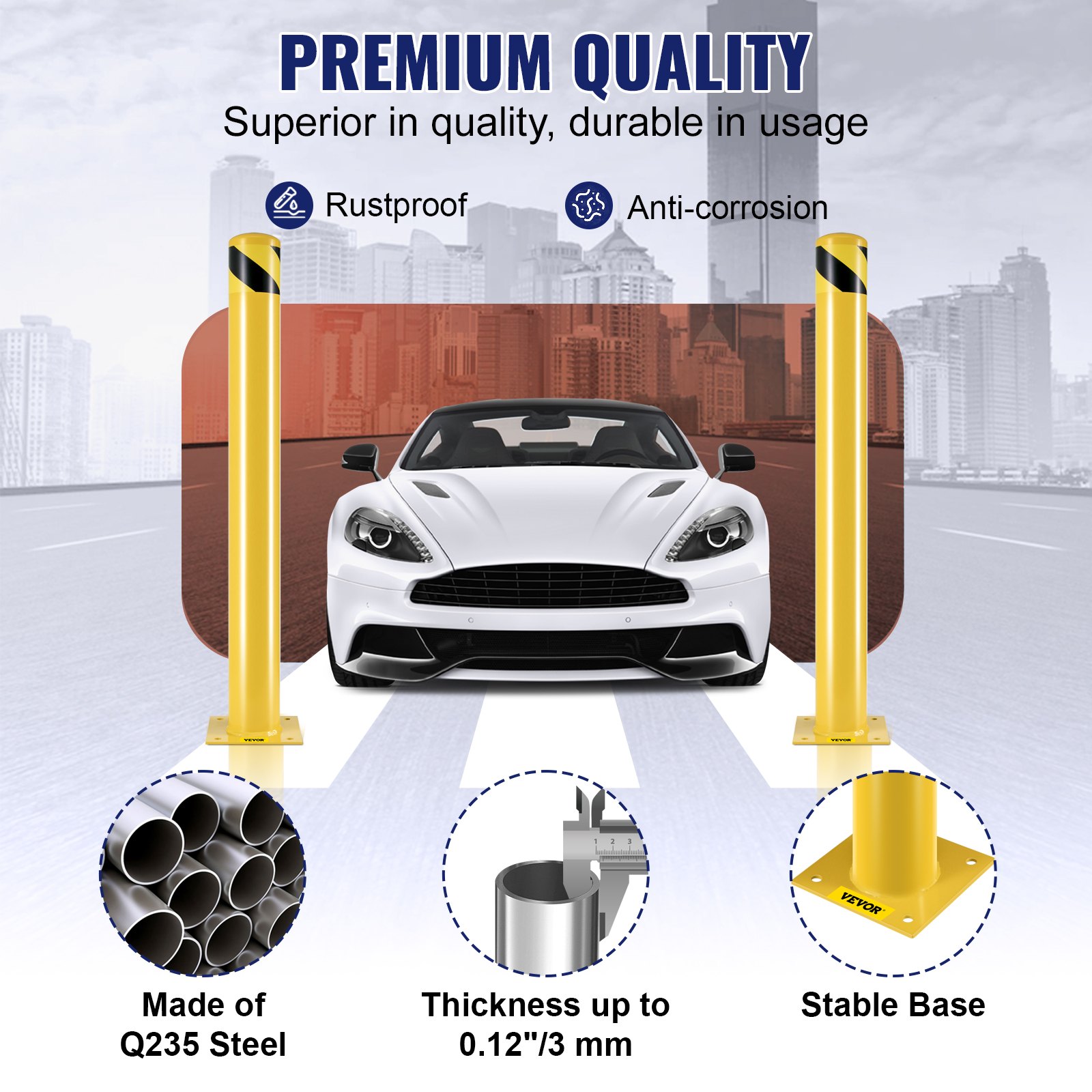 VEVOR Bolardo de seguridad Poste de bolardo de acero Tubo amarillo Barrera de acero 42" H 4.5" D