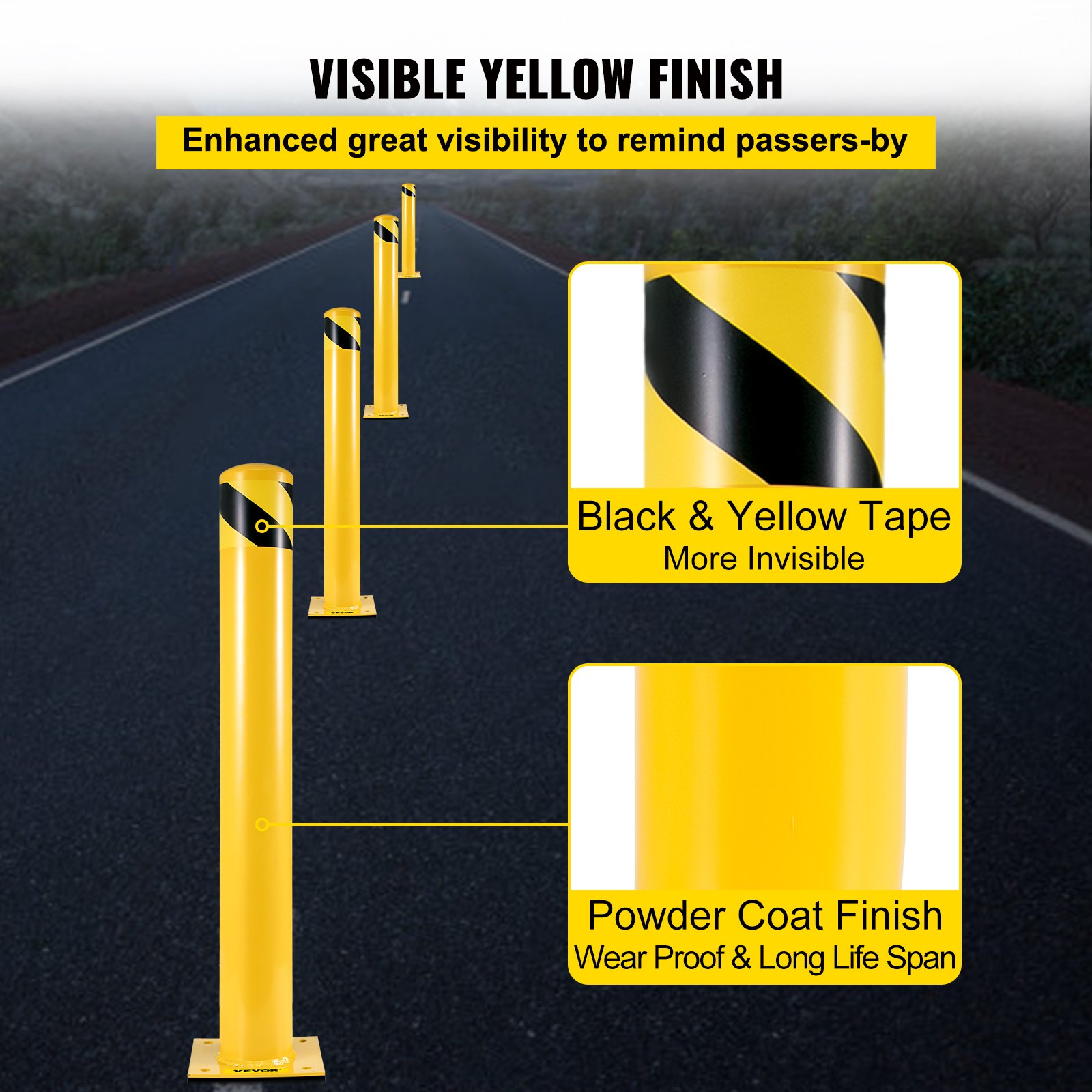 VEVOR Tuspuzz Bolardo de seguridad Poste de bolardo de acero Tubo amarillo Barrera de acero 48" H 5.5" D