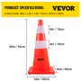 Conos de seguridad VEVOR, 28 in/73 cm de altura, 10 conos de tráfico naranja de PVC con 2 collares reflectantes y base ponderada, utilizados para control de tráfico, estacionamiento en carretera y mejora escolar