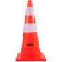 Cono de seguridad VEVOR naranja con rayas blancas reflectantes sobre base cuadrada.