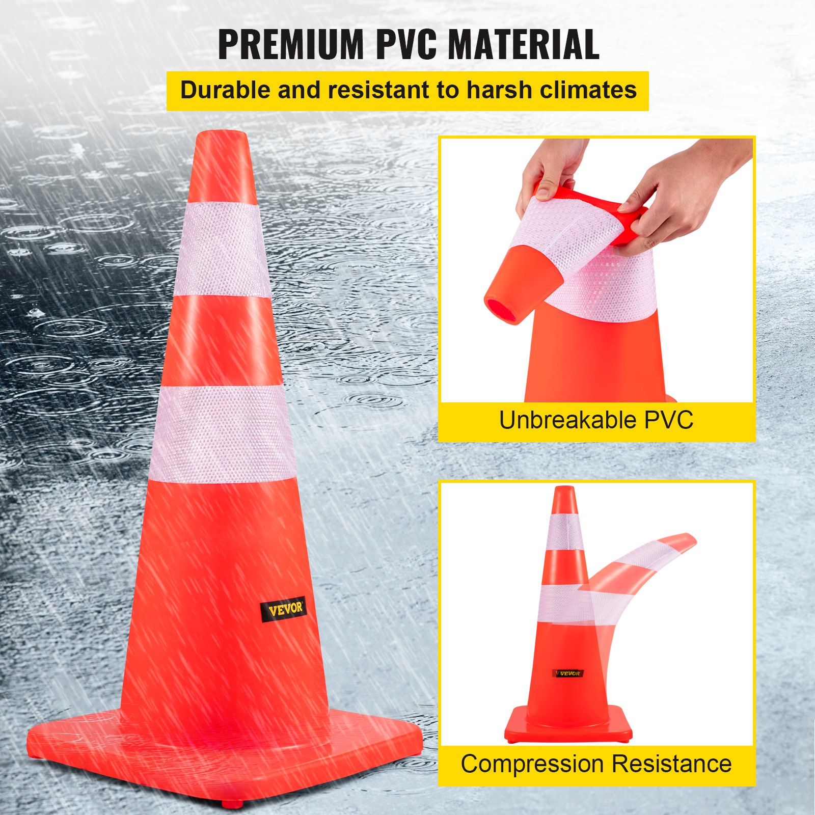 Conos de seguridad VEVOR con pvc irrompible y cualidades de resistencia a la compresión.
