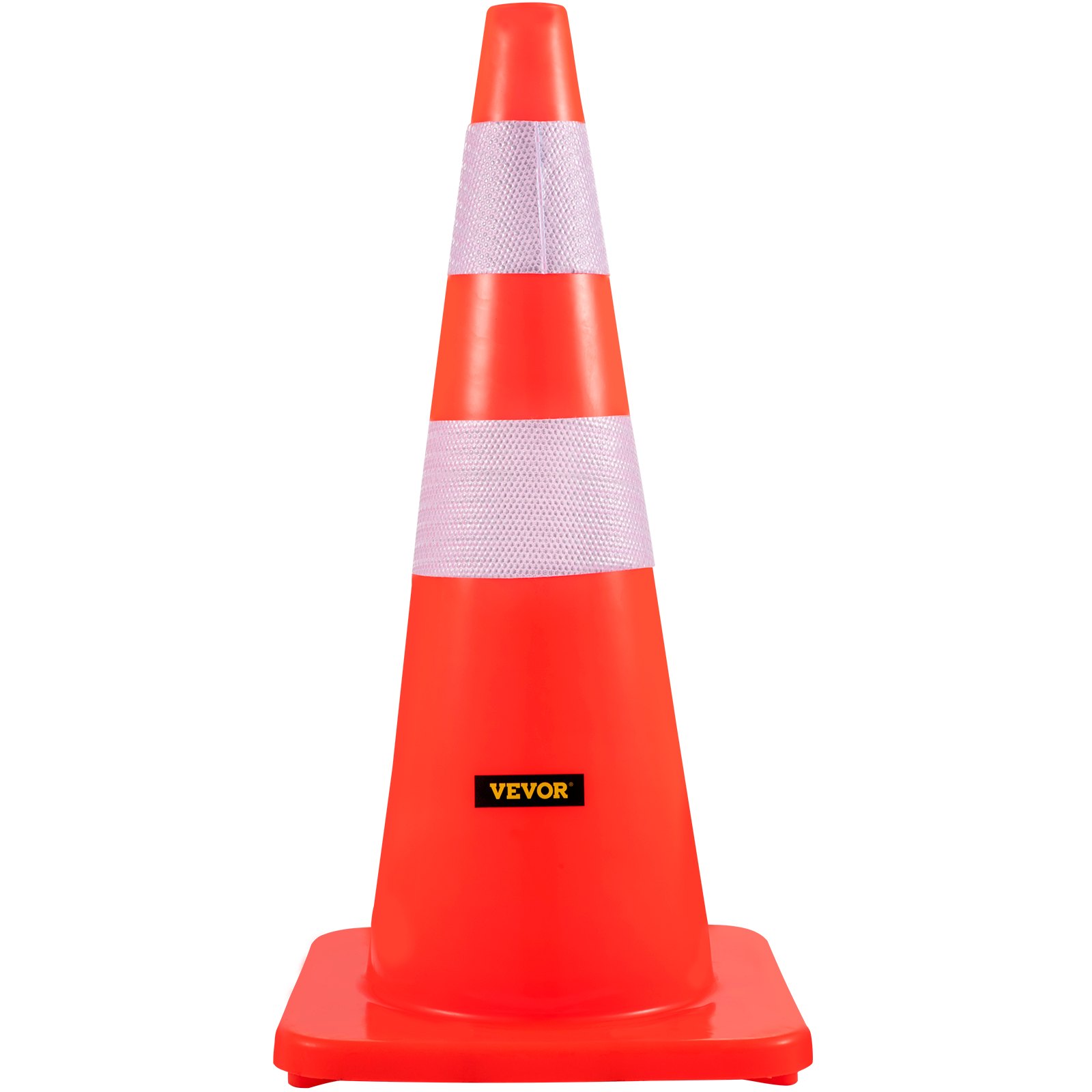 Cono de seguridad VEVOR naranja con rayas blancas reflectantes sobre base cuadrada.