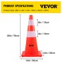 Conos de seguridad VEVOR, 28 in/73 cm de altura, 12 conos de tráfico de PVC naranja con 2 collares reflectantes y base ponderada, utilizados para control de tráfico, estacionamiento en carretera y mejora escolar