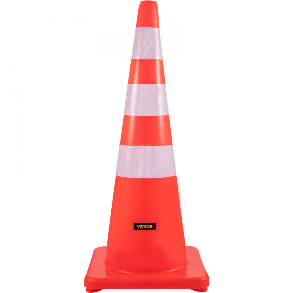 Conos de tráfico VEVOR en color naranja brillante con bandas reflectantes para seguridad vial.