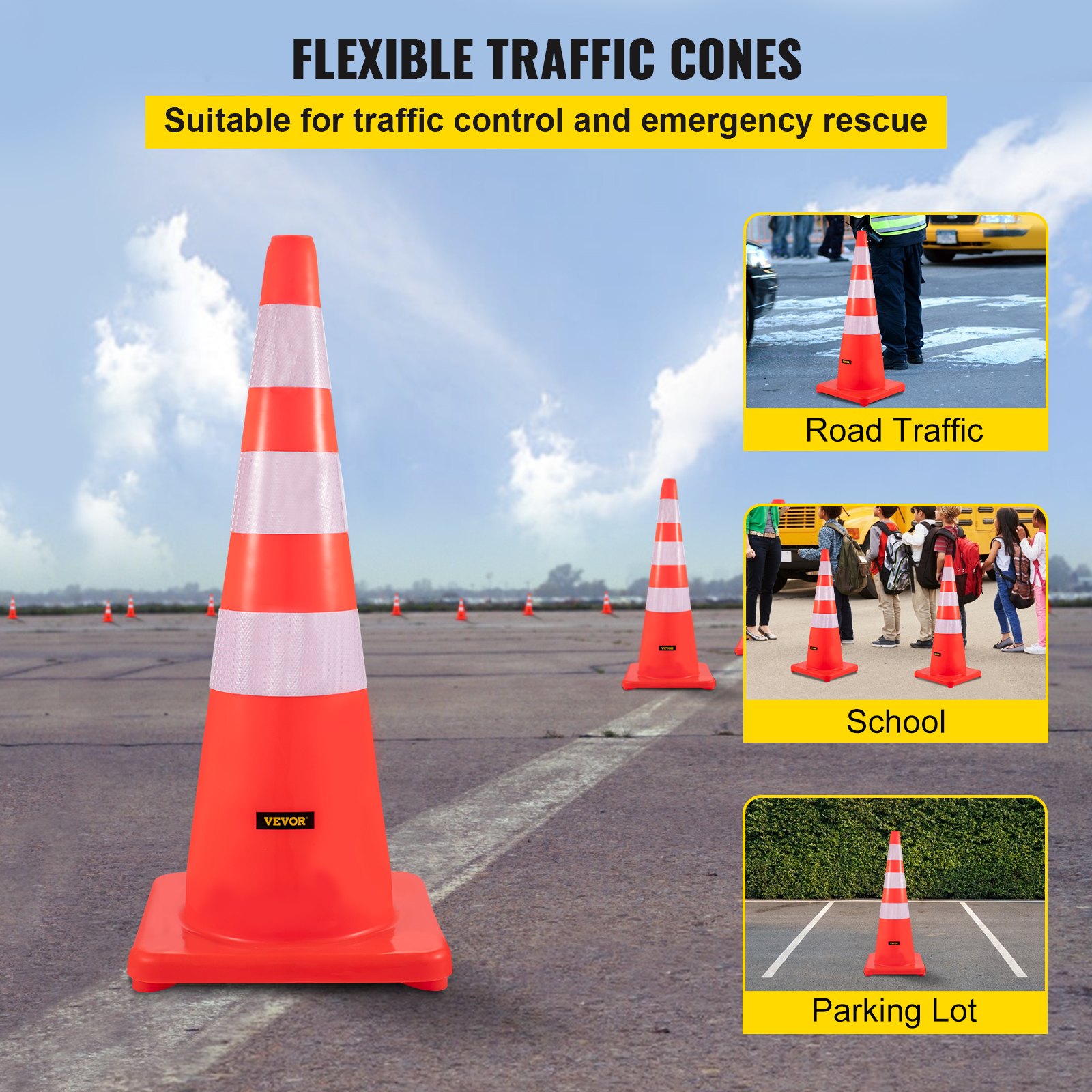 Conos de tráfico VEVOR para seguridad del tráfico vial, zonas escolares y estacionamientos.