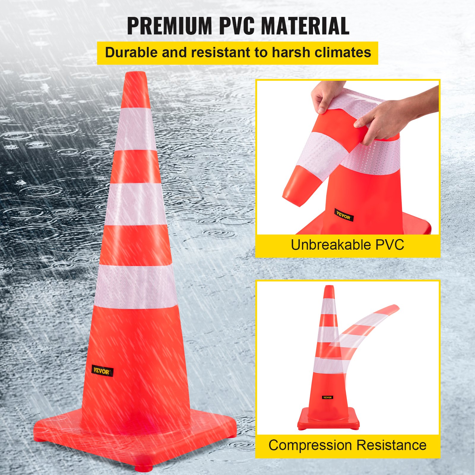 Conos de tráfico VEVOR bajo la lluvia, mostrando la durabilidad y flexibilidad del PVC irrompible.