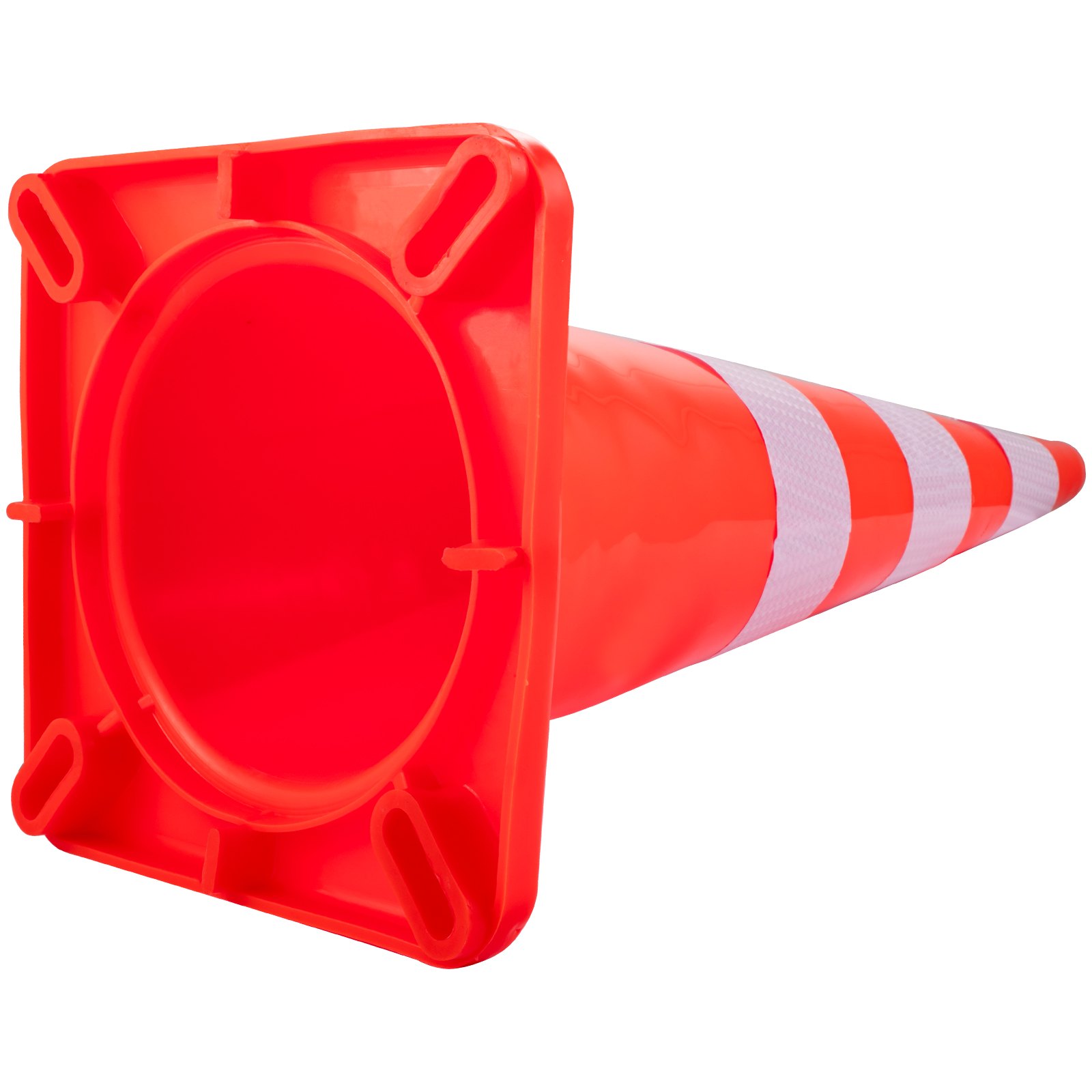 Conos de tráfico VEVOR de color naranja con rayas reflectantes, colocados en el suelo.