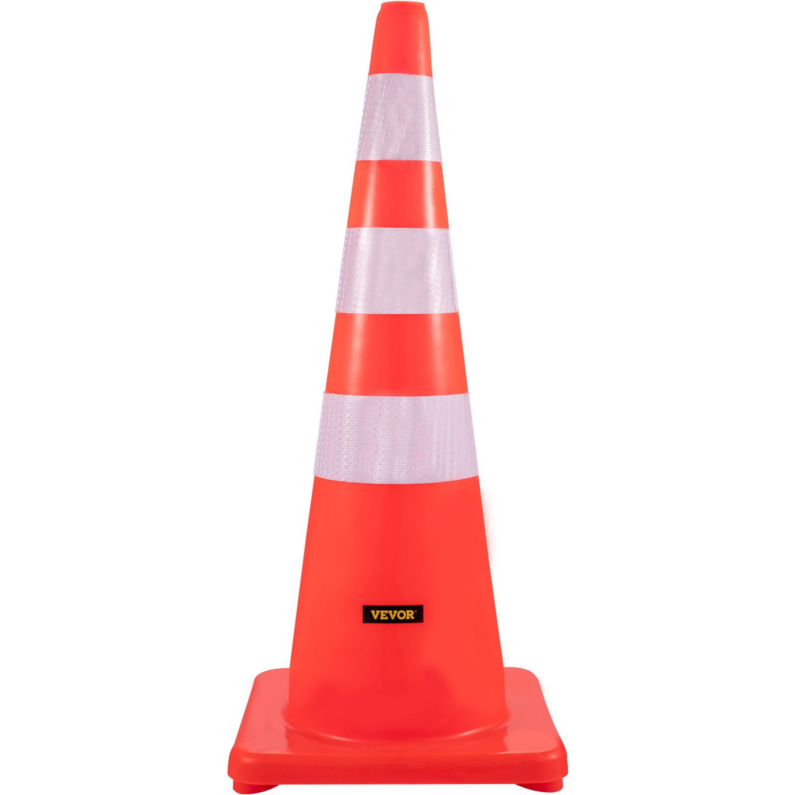 Conos de tráfico VEVOR en color naranja brillante con bandas reflectantes para seguridad vial.