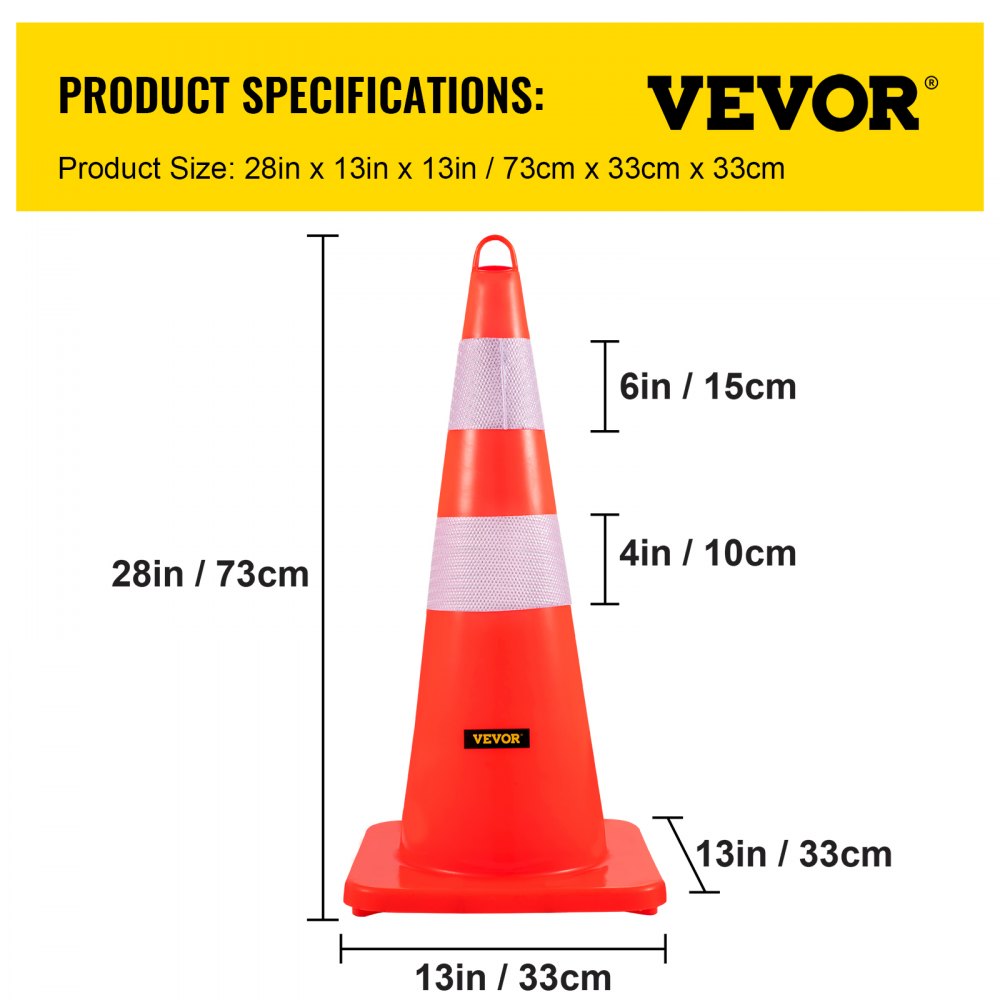 Especificaciones del producto de conos de tráfico VEVOR con dimensiones: 28 pulgadas x 13 pulgadas x 13 pulgadas.