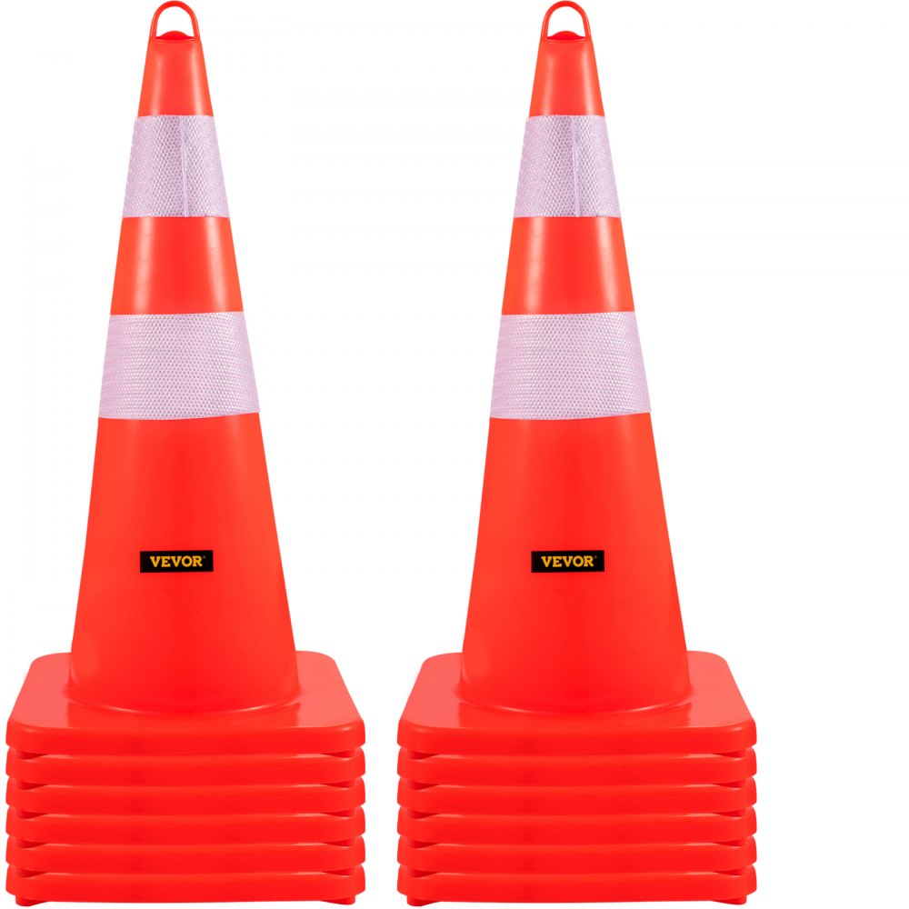 Conos de tráfico VEVOR con bandas reflectantes, pila de 10, color naranja y blanco.