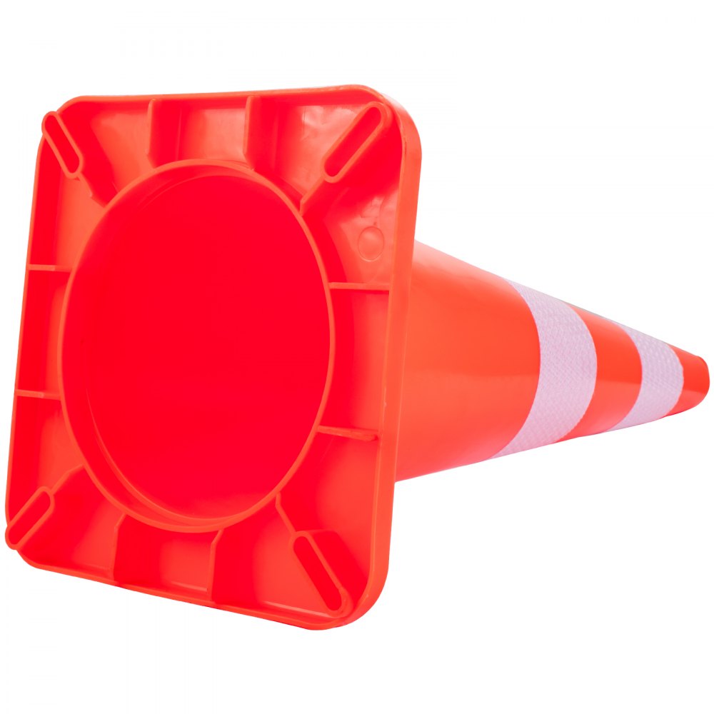 Conos de tráfico VEVOR de color naranja brillante con rayas reflectantes, vistos desde la base.