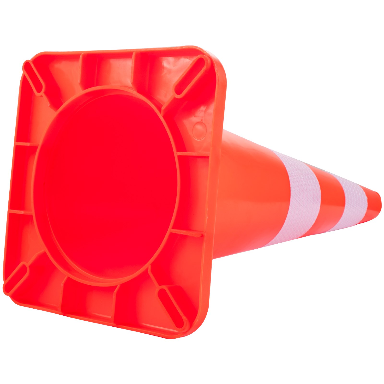Conos de tráfico VEVOR de color naranja brillante con rayas reflectantes, vistos desde la base.