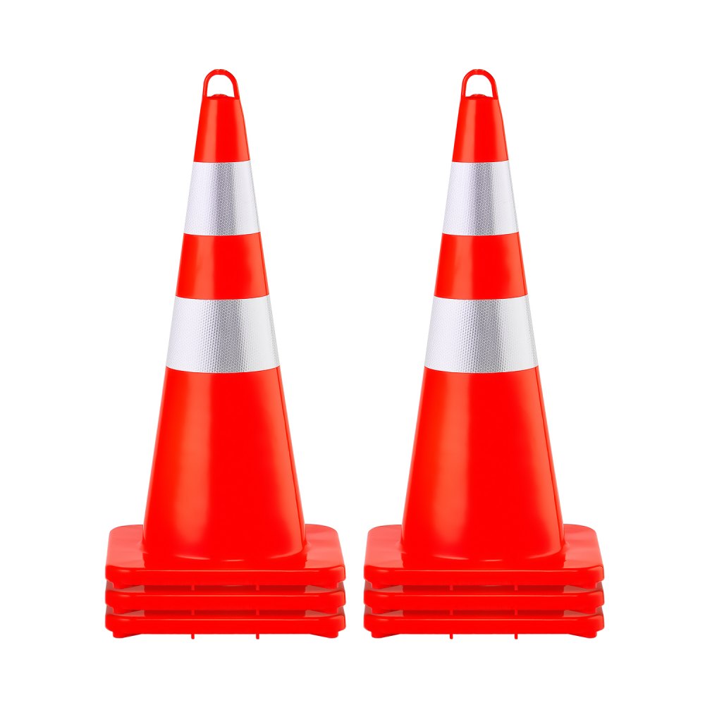 Conos de seguridad VEVOR, 6 conos de tráfico de 28 pulgadas, conos de construcción de PVC naranja, 2 collares reflectantes, con base con peso y anilla de mano para control de tráfico y estacionamiento en entradas de vehículos.