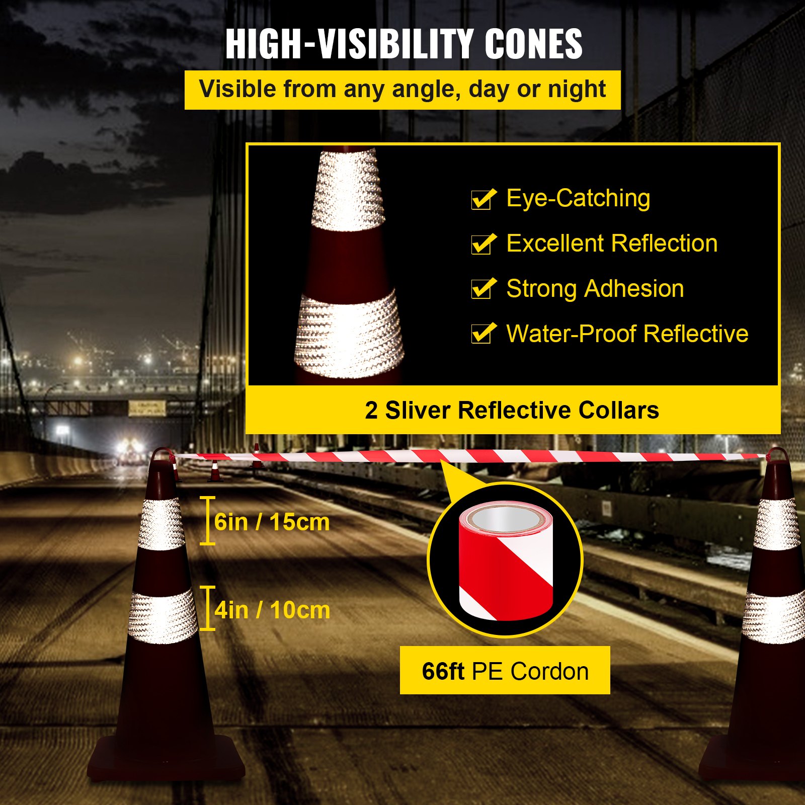 Conos de tráfico VEVOR de alta visibilidad con collares reflectantes y cordón PE de 66 pies.