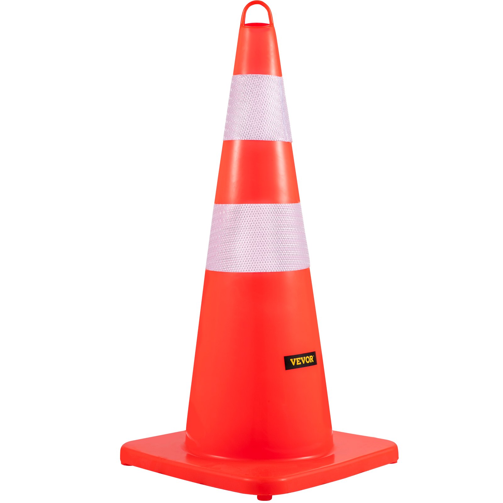 Cono de tráfico VEVOR con rayas reflectantes sobre base naranja.