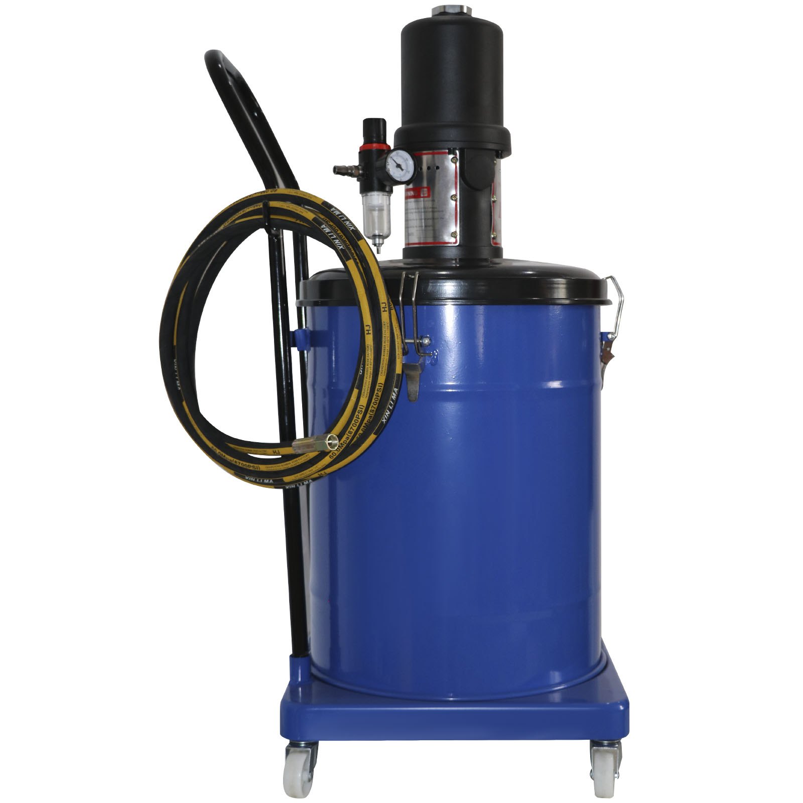 Bomba de grasa VEVOR en color azul con manguera negra y manómetro sobre cuatro ruedas.