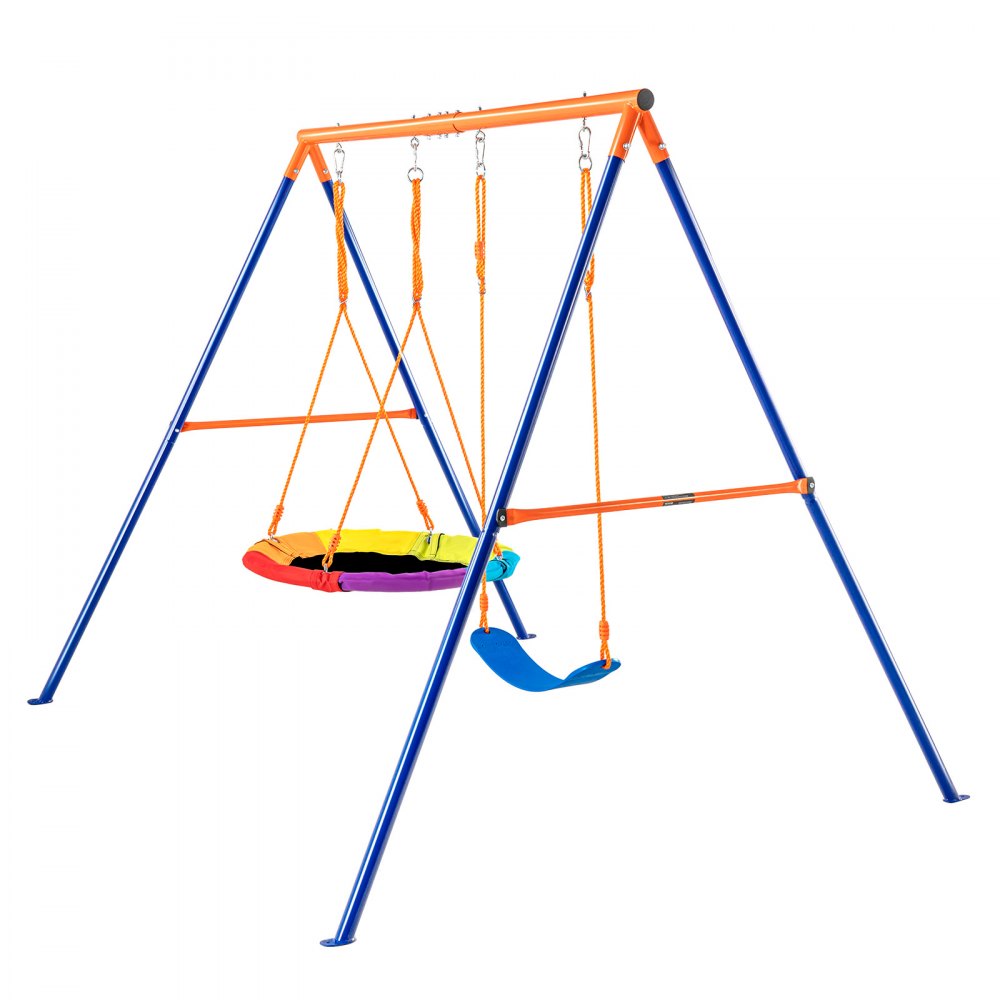 Columpios VEVOR con estructura azul resistente, cuerdas naranjas y asientos de colores brillantes de arcoíris y azules.