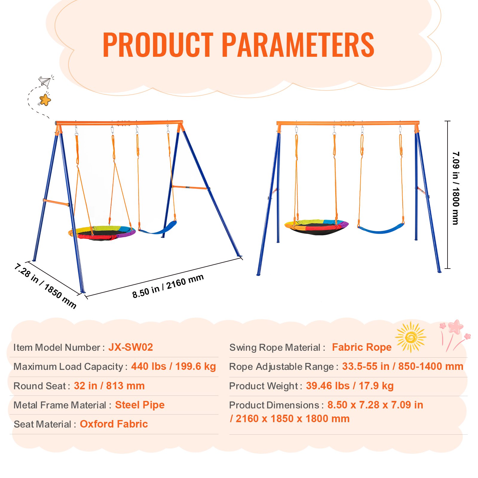 Parámetros del producto columpios VEVOR, incluidas dimensiones, capacidad de carga y materiales para el columpio.