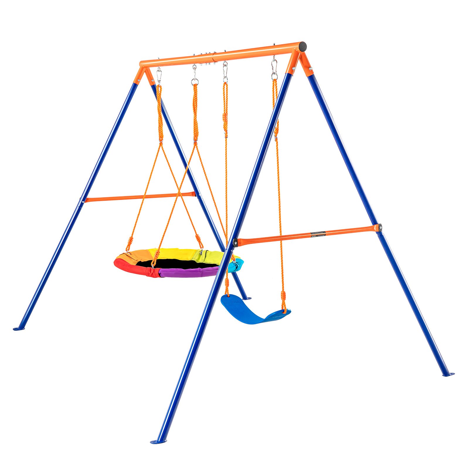 Columpios VEVOR con estructura azul resistente, cuerdas naranjas y asientos de colores brillantes de arcoíris y azules.