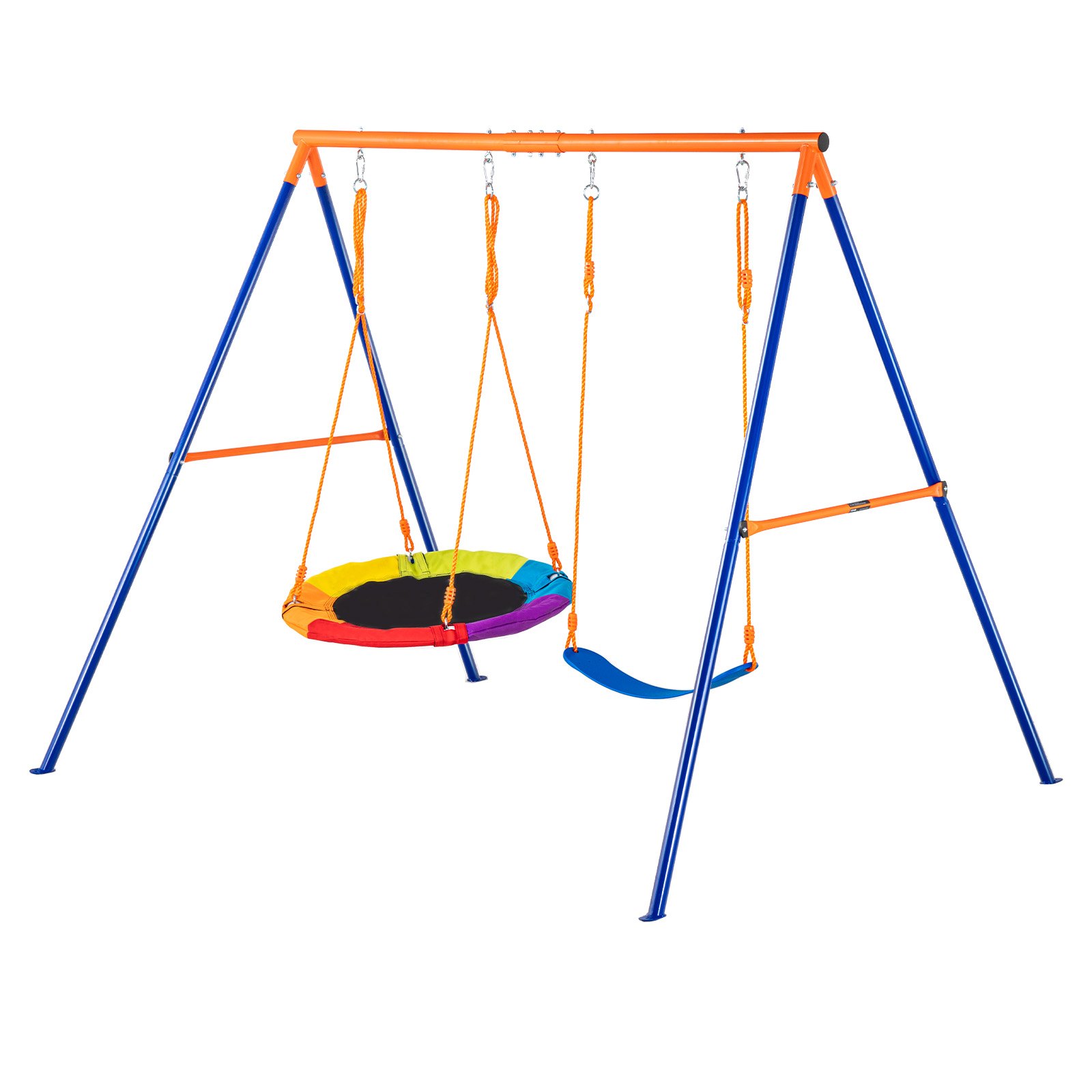 Columpio colorido VEVOR con marco azul, cuerdas naranjas, asiento de arcoíris y columpio azul.