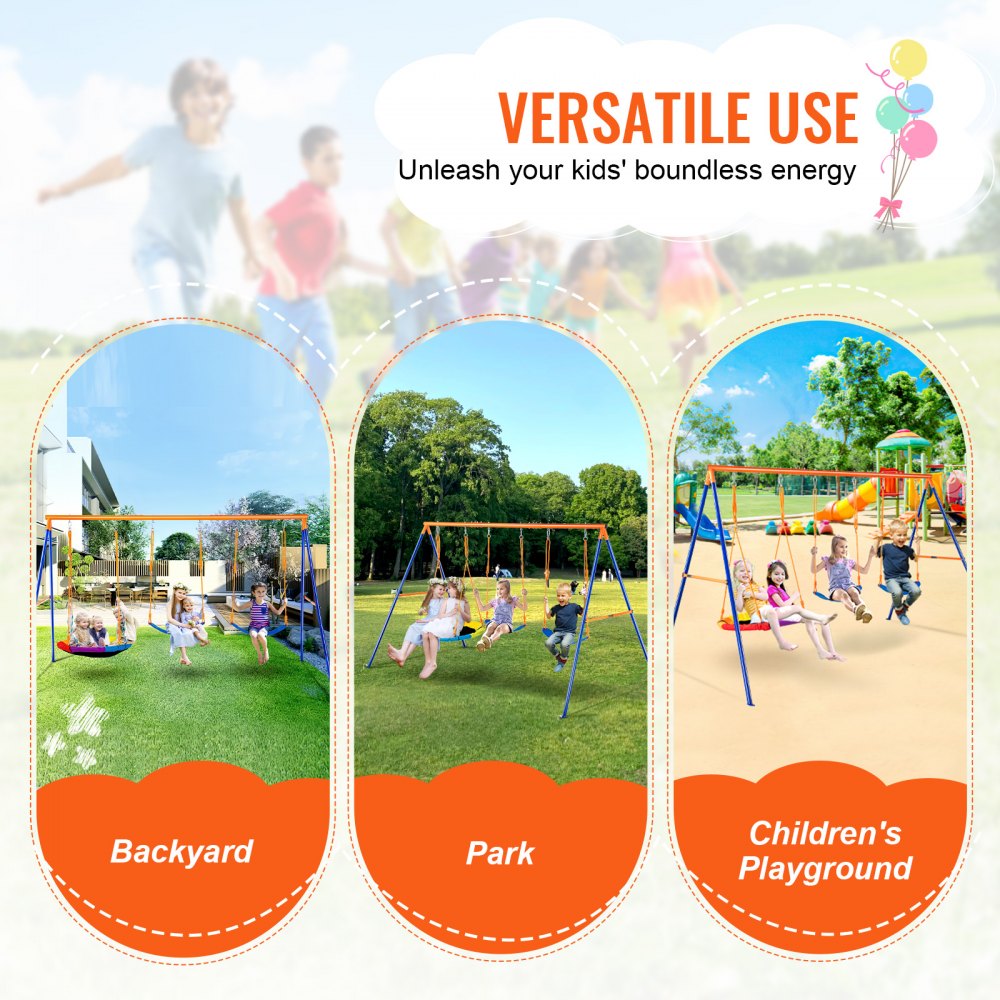 Columpios VEVOR para jardín, capacidad de carga de 272 kg, con 1 asiento tipo platillo, 2 asientos de cinturón, soporte de metal resistente en forma de A y cuerda ajustable, columpio para exteriores para niños