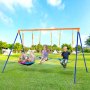 Niños jugando en columpios VEVOR en un parque soleado con césped verde y cielo azul.