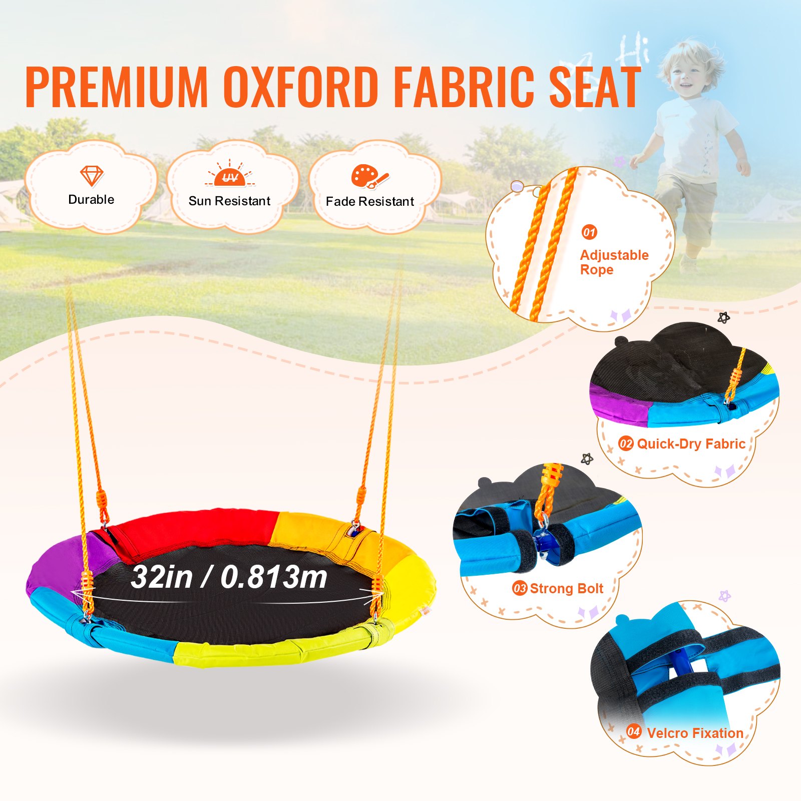 Columpios VEVOR con asiento de tela Oxford premium de 32 pulgadas, duradero, resistente al sol y a la decoloración, con cuerda ajustable.