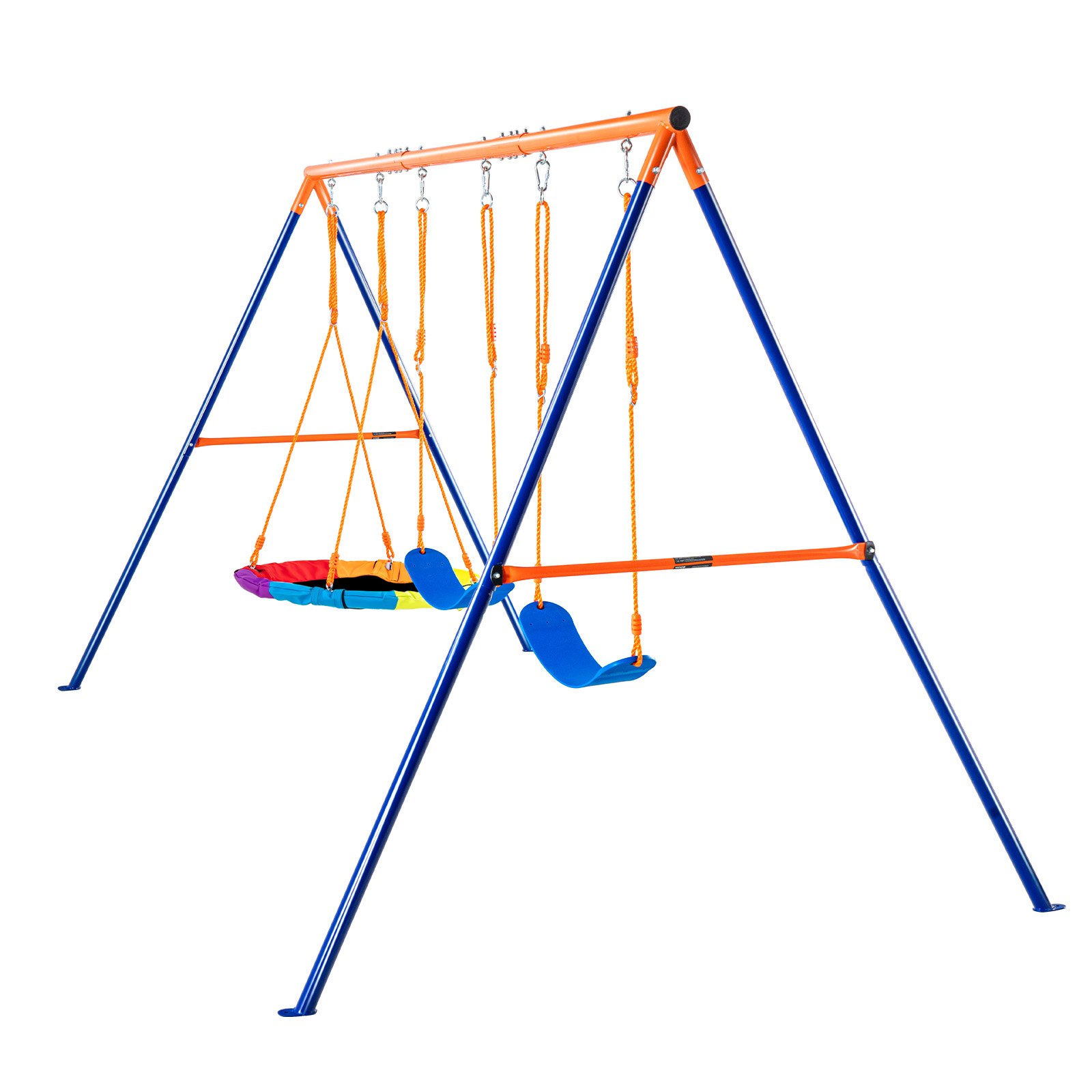 Columpios VEVOR con un asiento tipo platillo de colores y dos asientos de plástico azul.