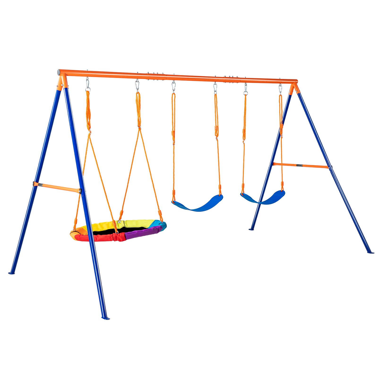 Columpios VEVOR con columpio tipo platillo arcoíris, dos columpios con asiento azul y un resistente marco azul-naranja.
