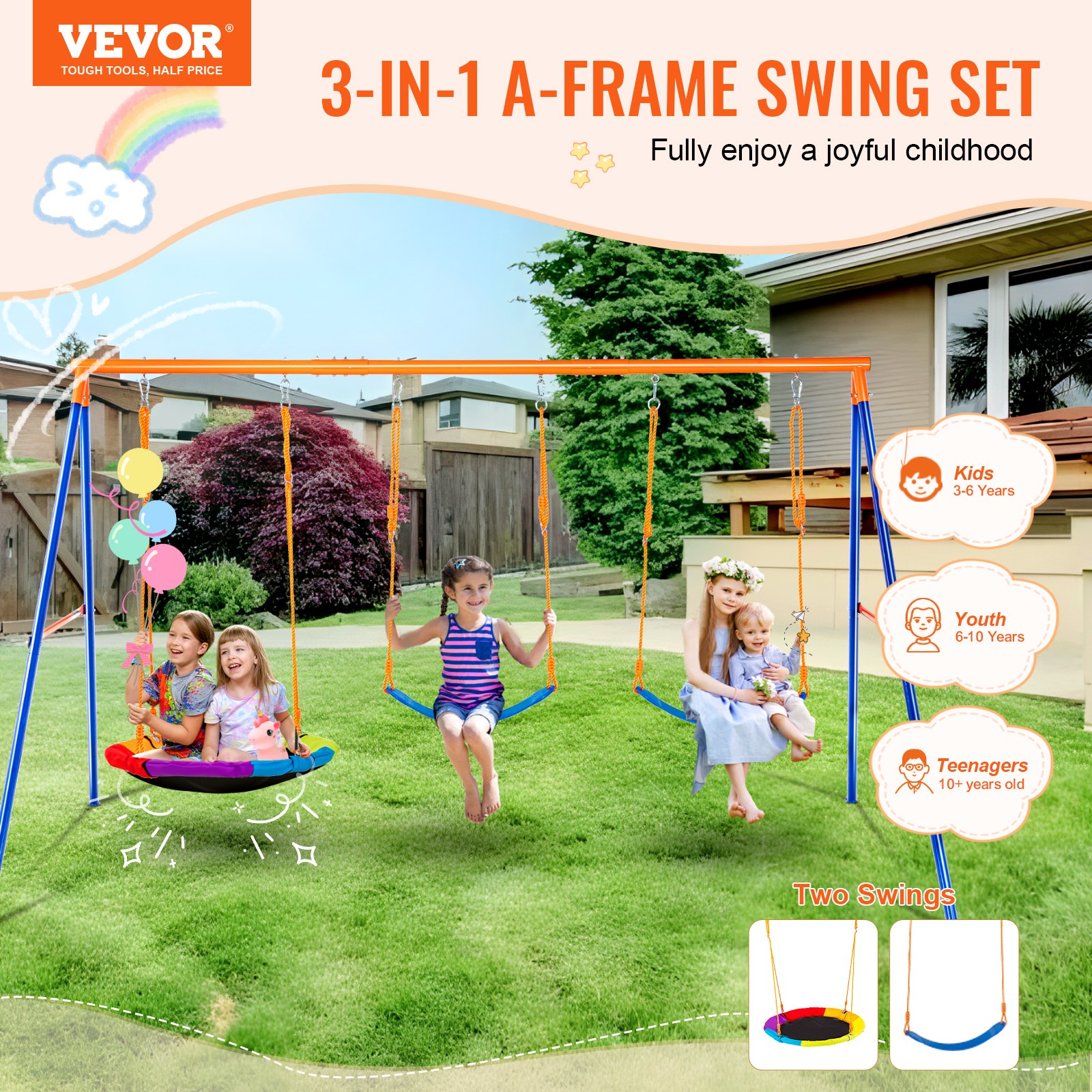 Columpios VEVOR para jardín, capacidad de carga de 272 kg, con 1 asiento tipo platillo, 2 asientos de cinturón, soporte de metal resistente en forma de A y cuerda ajustable, columpio para exteriores para niños