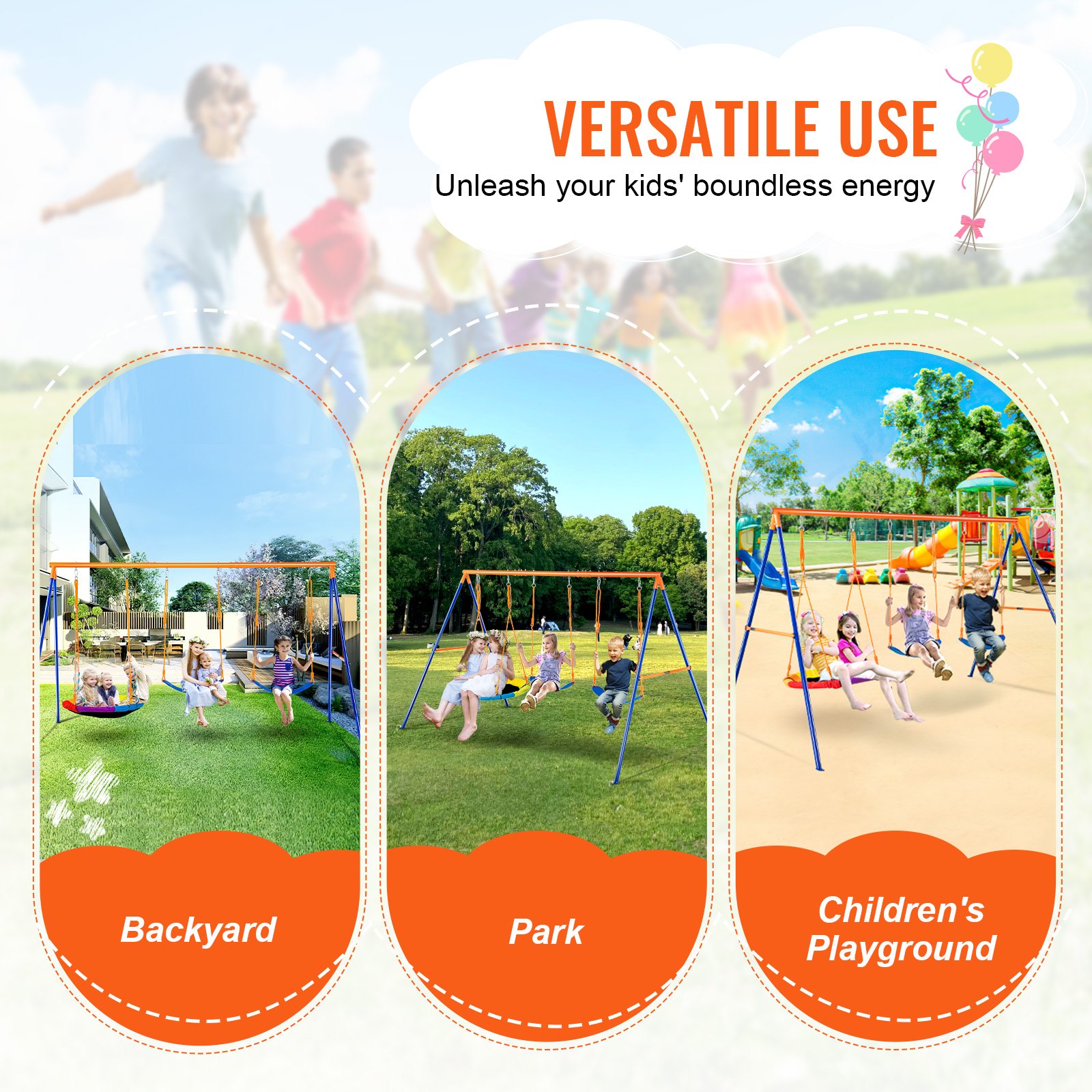 Columpios VEVOR para jardín, capacidad de carga de 272 kg, con 1 asiento tipo platillo, 2 asientos de cinturón, soporte de metal resistente en forma de A y cuerda ajustable, columpio para exteriores para niños