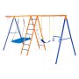 Columpio multifuncional VEVOR con tobogán, trepador y aro de baloncesto en azul y naranja vibrantes.