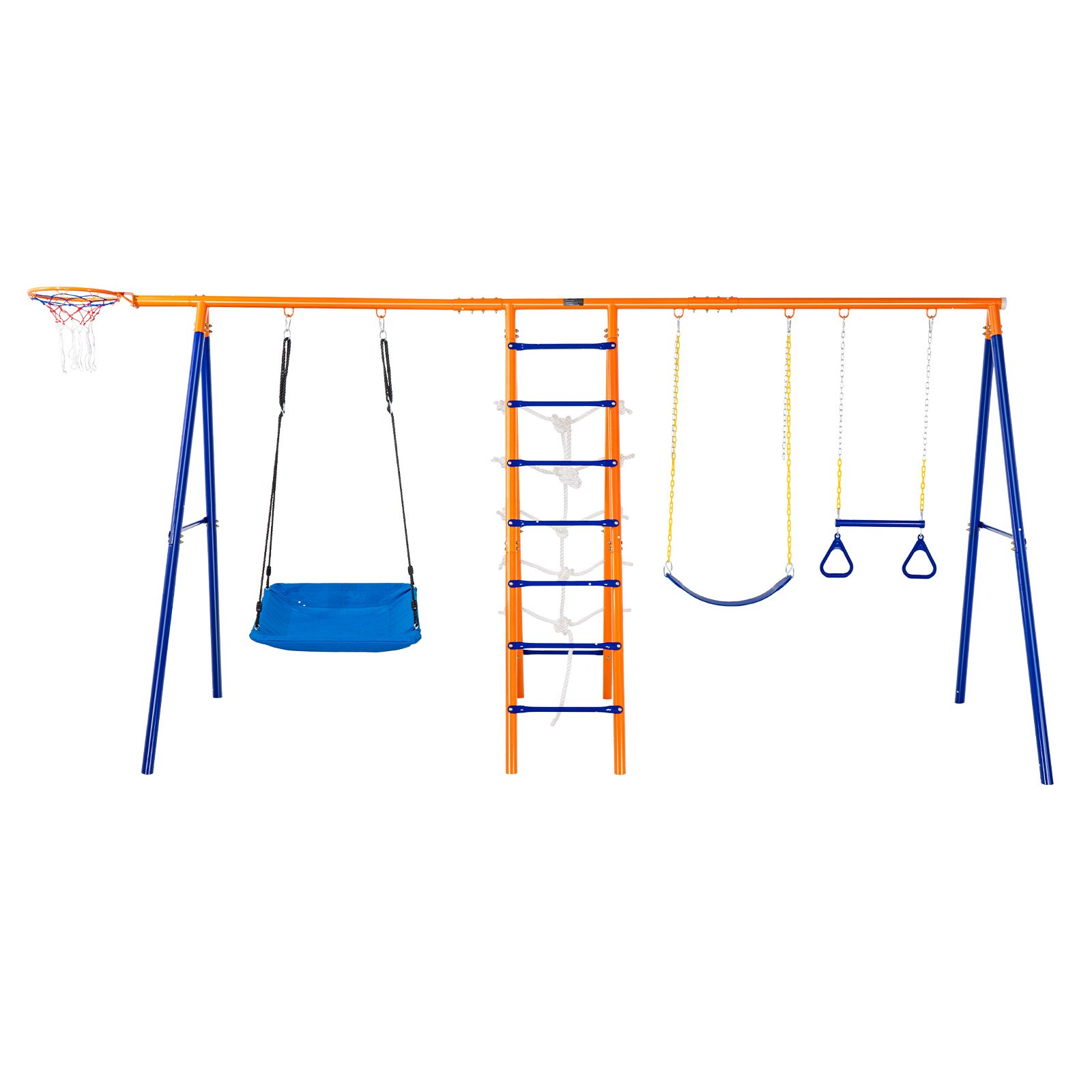 Columpio VEVOR con tobogán, columpios, barra de trapecio y aro de baloncesto, en colores azul y naranja.
