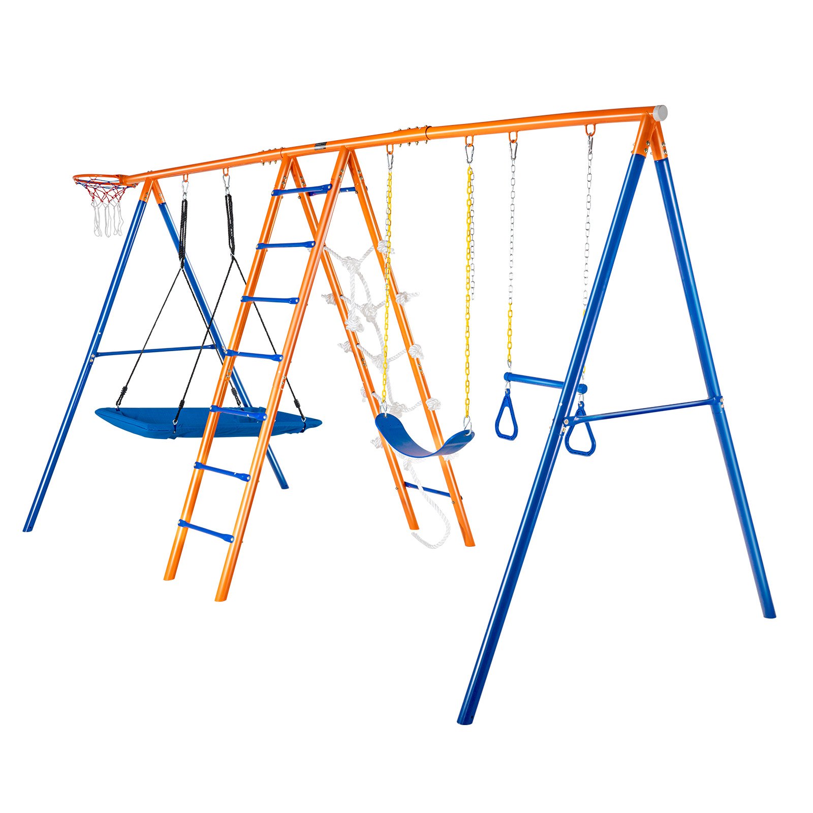 Columpio VEVOR con toboganes, columpios, red de escalada y aro de baloncesto en vivos colores naranja y azul.