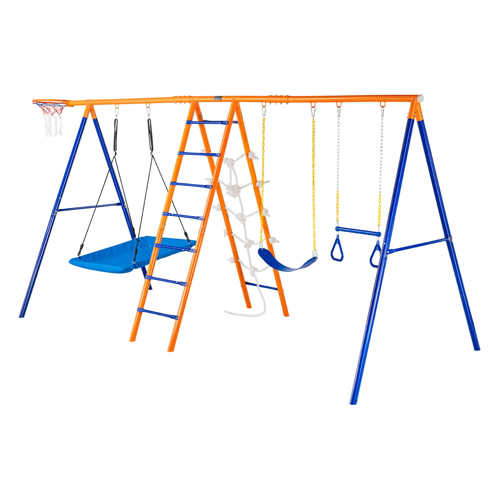 Columpio multifuncional VEVOR con tobogán, trepador y aro de baloncesto en azul y naranja vibrantes.