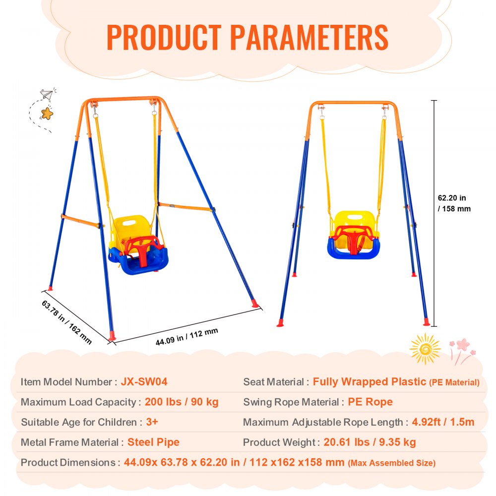 Columpio VEVOR para niños modelo jx-sw04, estructura de acero, capacidad de 200 libras, colores vibrantes, dimensiones indicadas.