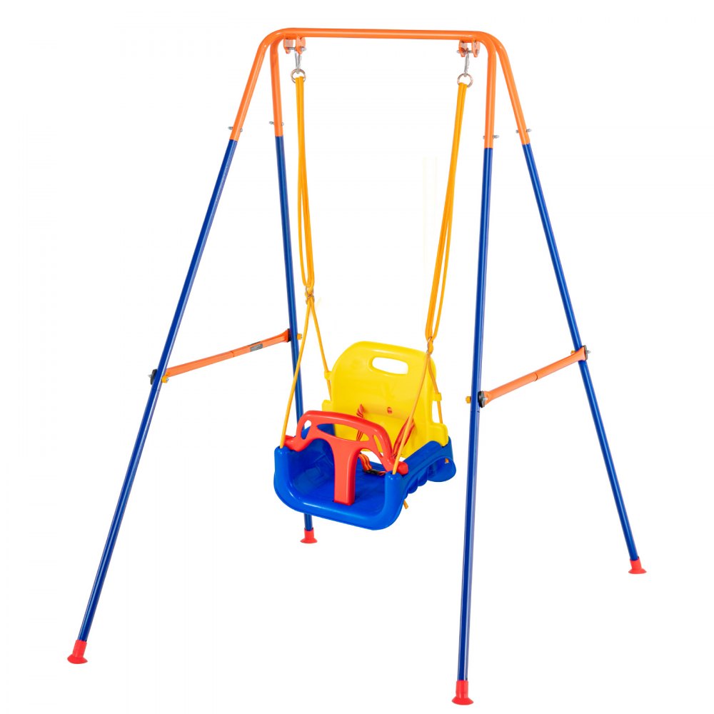 Columpio VEVOR colorido para niños pequeños con asiento azul, amarillo y rojo sobre un marco azul y naranja.