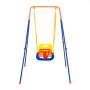Columpio VEVOR colorido para niños con asiento amarillo, marco azul y rojo y arnés de seguridad.