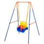 Columpio VEVOR colorido para niños pequeños con asiento azul, amarillo y rojo sobre un marco azul y naranja.