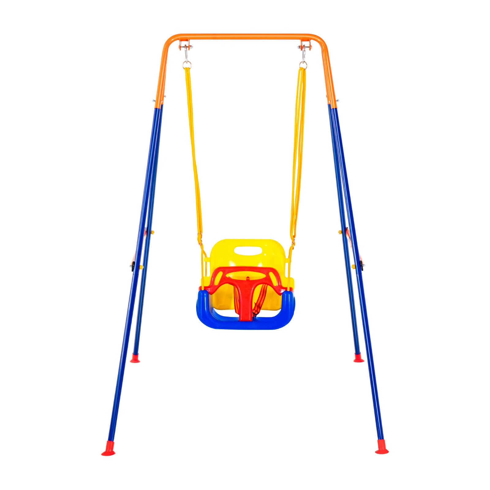 Columpio VEVOR colorido para niños con asiento amarillo, marco azul y rojo y arnés de seguridad.