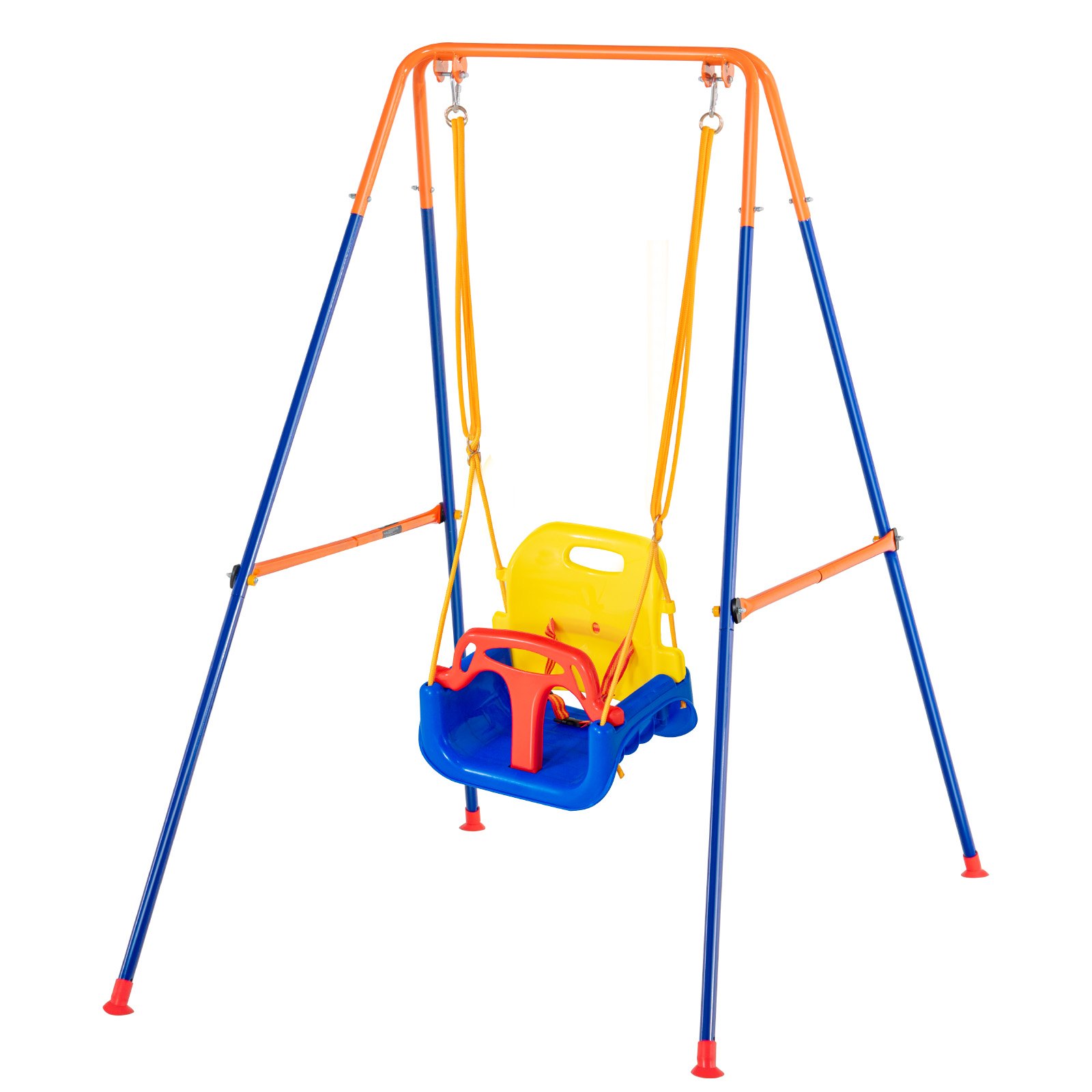 Columpio VEVOR colorido para niños pequeños con asiento azul, amarillo y rojo sobre un marco azul y naranja.