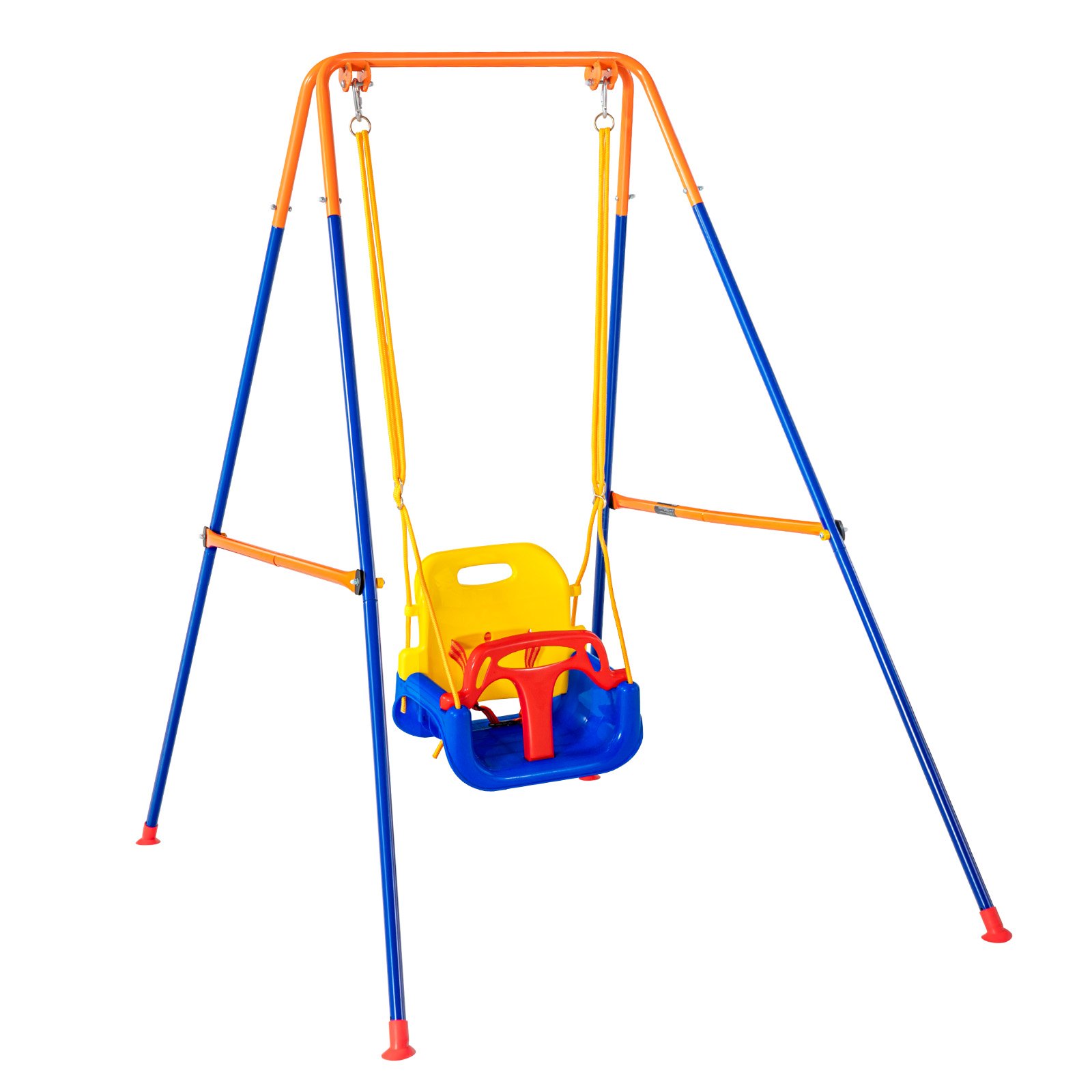 Columpios VEVOR coloridos para niños con marco resistente de color azul y naranja, asiento amarillo y volante rojo.