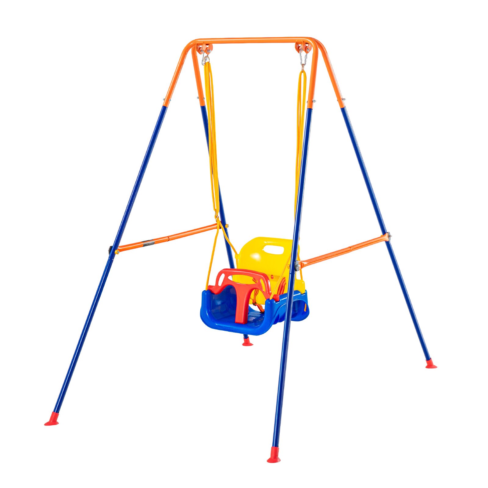 Columpio para parque infantil con estructura de color naranja, azul y amarillo, con asiento de seguridad. Columpios VEVOR.