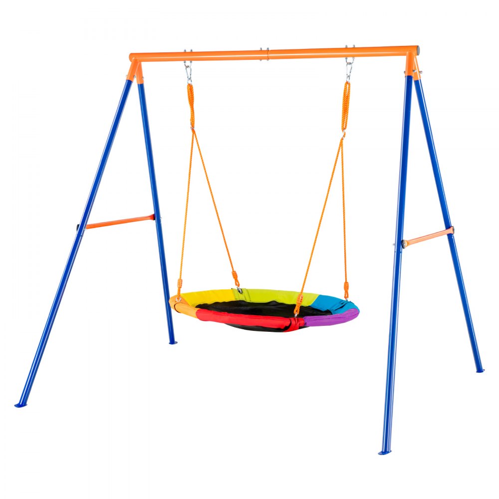 Columpio VEVOR con asiento redondo colorido, marco azul resistente y conectores naranjas.