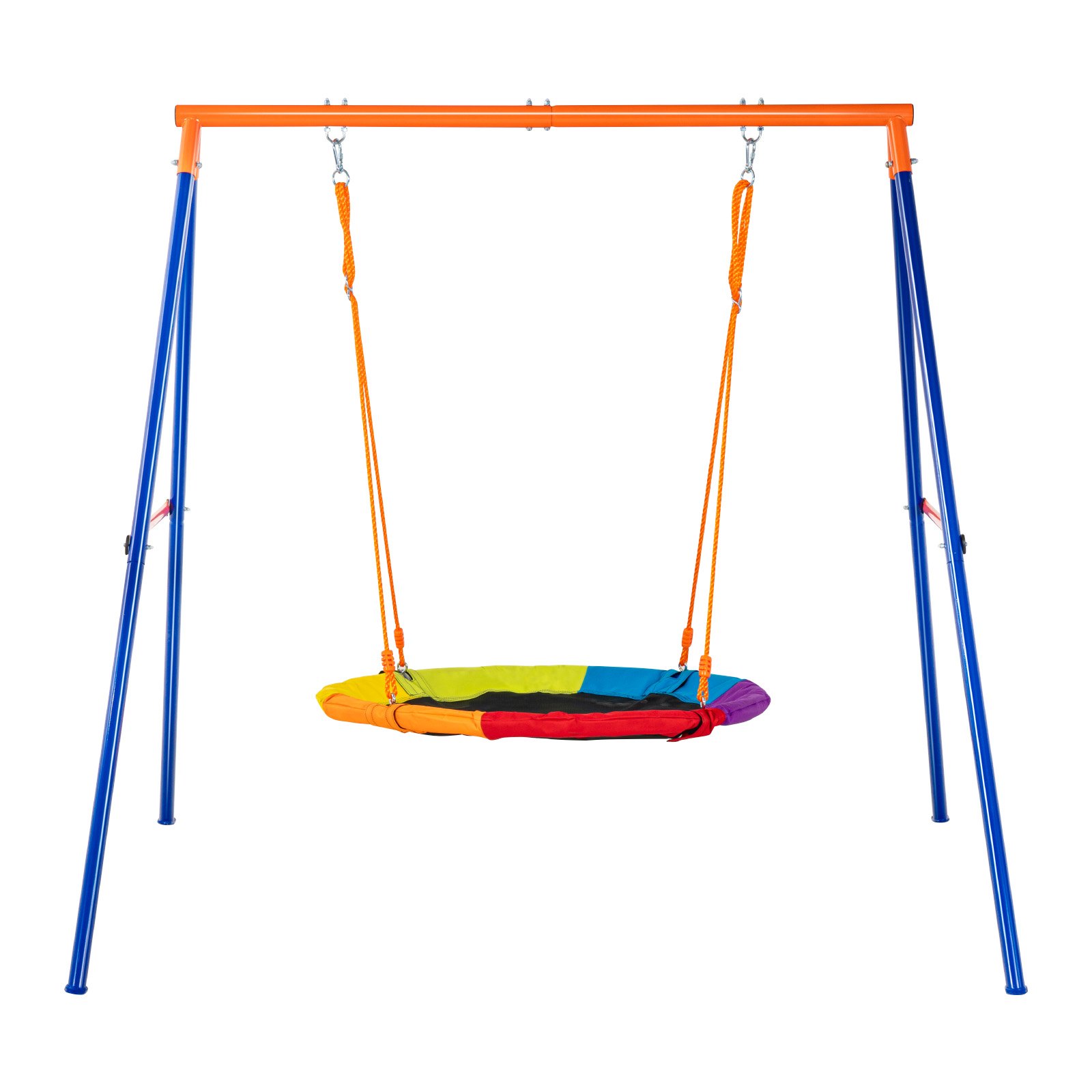 Columpio VEVOR colorido con cuerdas naranjas y un asiento redondo, sostenido por un marco azul y naranja.
