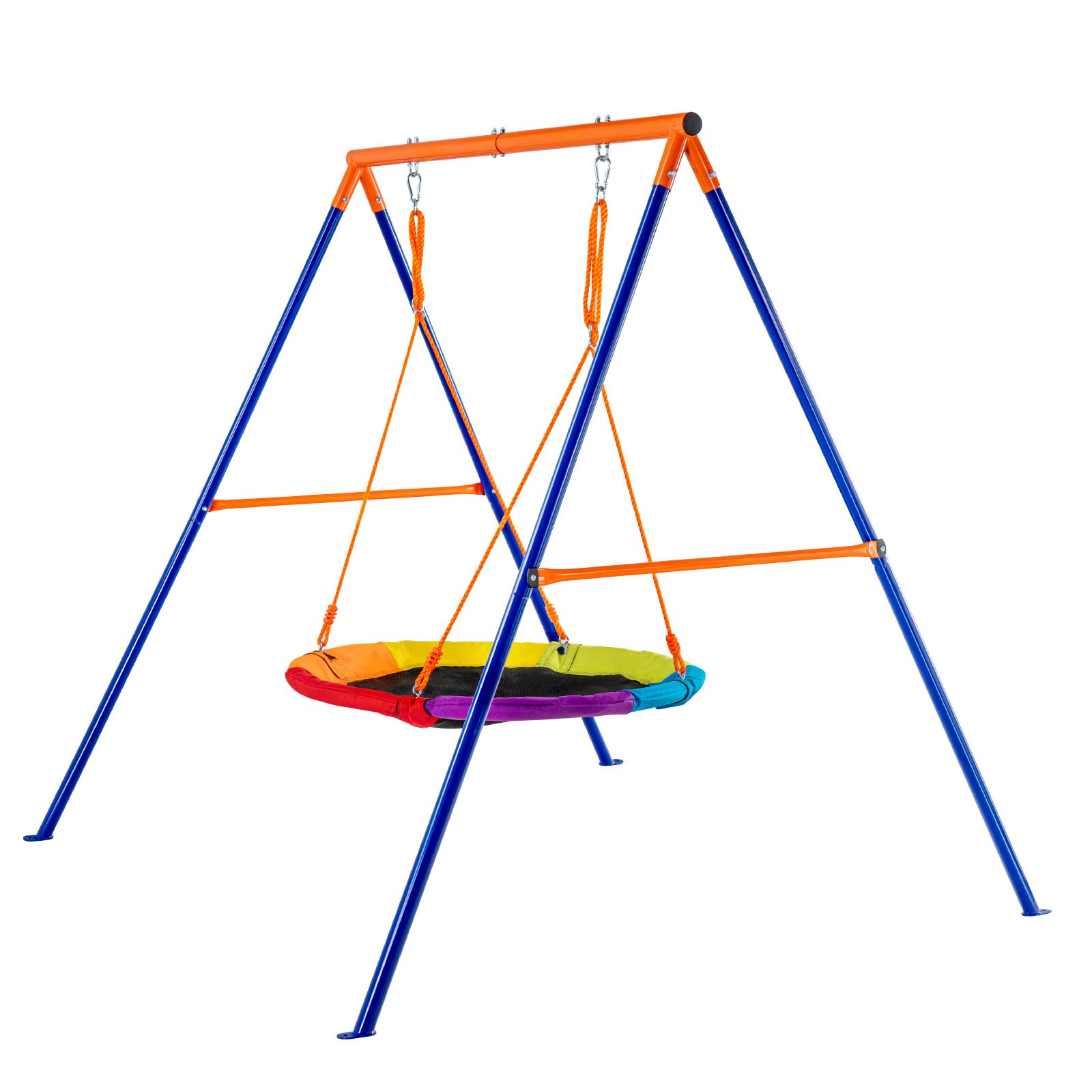 Columpio VEVOR con asiento de platillo vibrante, marco de acero resistente de color azul y naranja y cuerdas seguras.