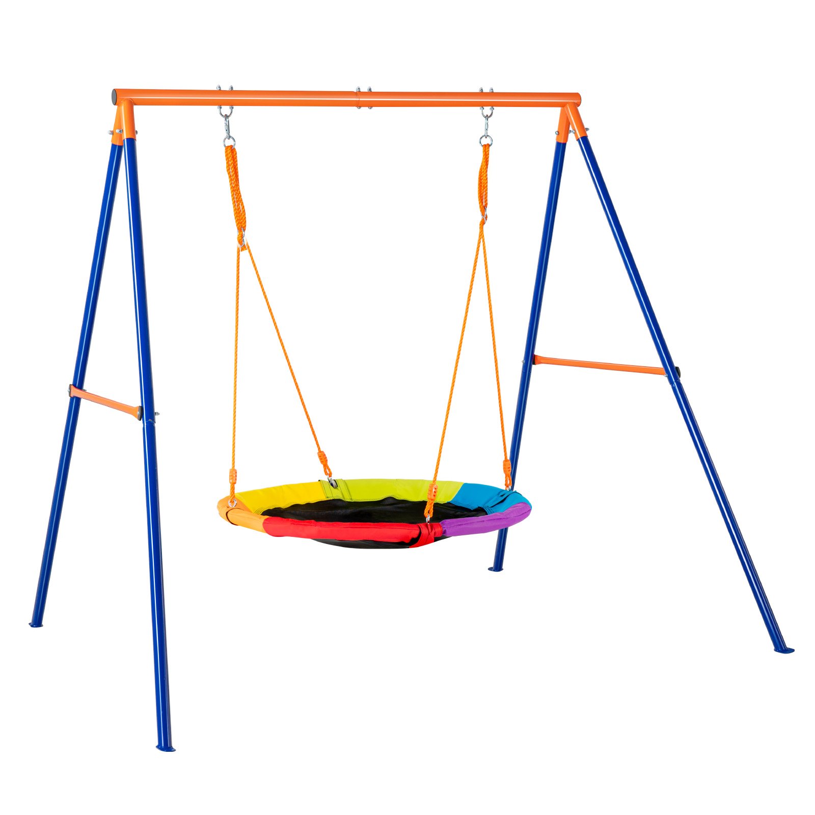 Columpio VEVOR con un asiento redondo colorido, un marco azul resistente y cuerdas naranjas. Perfecto para niños.