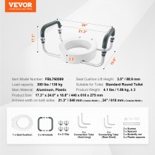 VEVOR Asiento elevado para inodoro, 3.5 pulgadas de altura elevada, capacidad de peso de 300 libras, para inodoro redondo estándar, pasamanos de aluminio, con acolchado de reposabrazos de EVA, para ancianos, discapacitados, pacientes, embarazadas, médicos